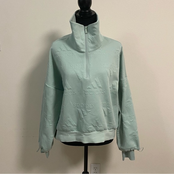 Adidas Sweater Women’s Size Large Green AEROREADY Jacquard Logo Zip Sweatshirt - Picture 1 of 16